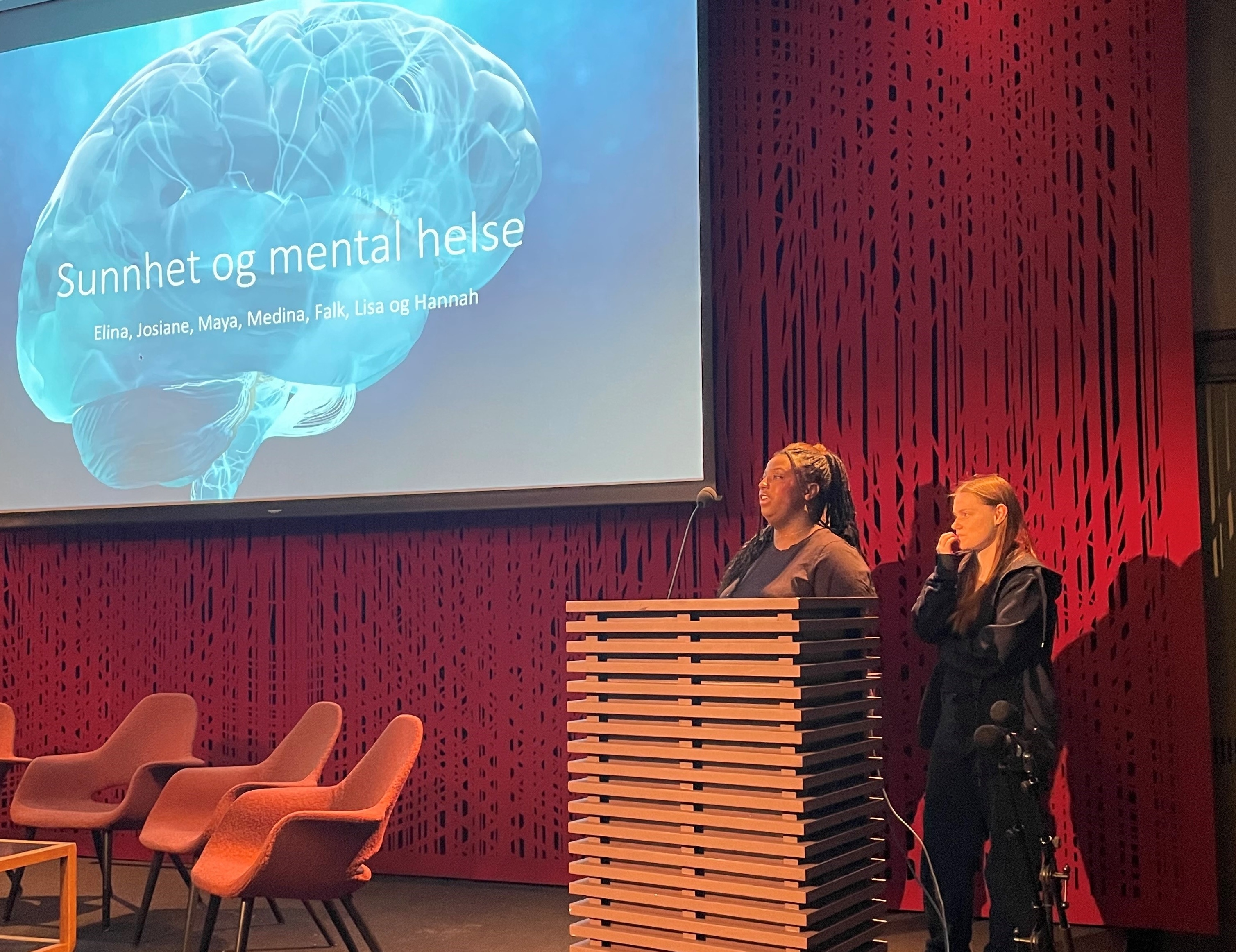 Temagruppe Sunnhet og mental helse presenterte og praktiserte under konferansen en person som snakker på et podium