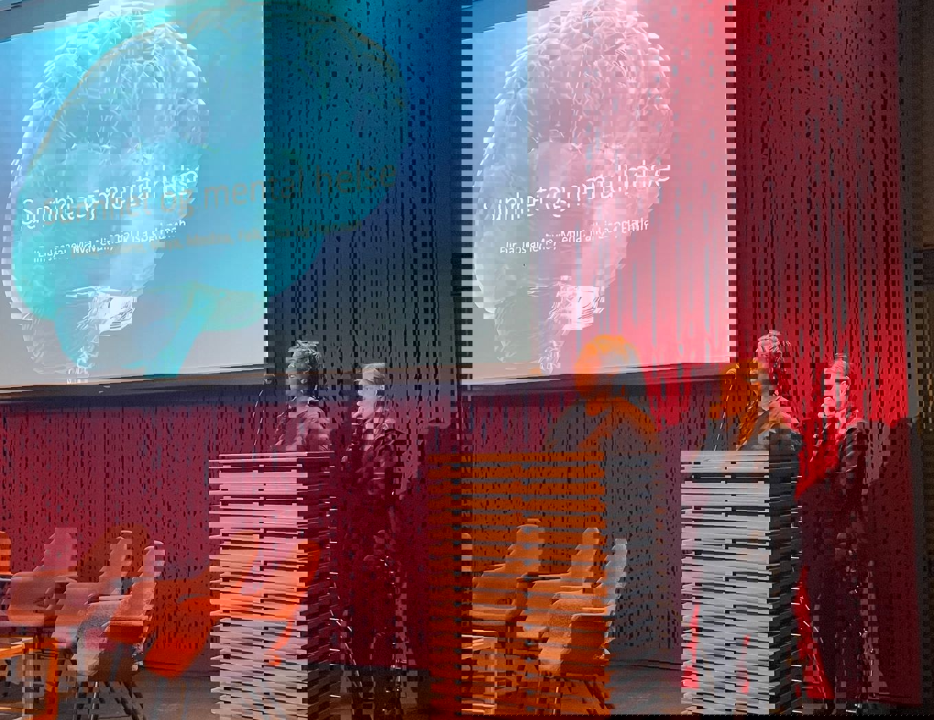 Foto: Temagruppe Sunnhet og mental helse presenterte og praktiserte under konferansen en person som snakker på et podium